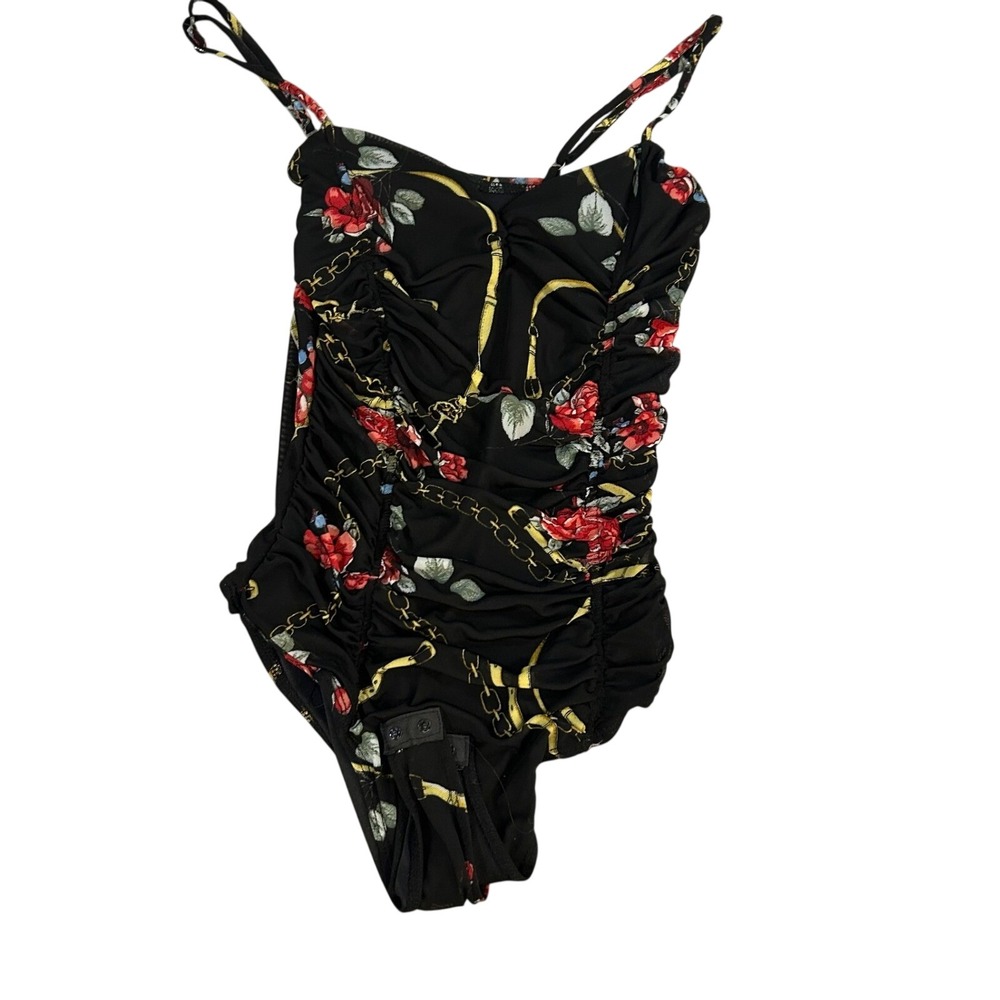 Blashe Black Floral Chain Ruched‎ Bodysuit Women's Size M